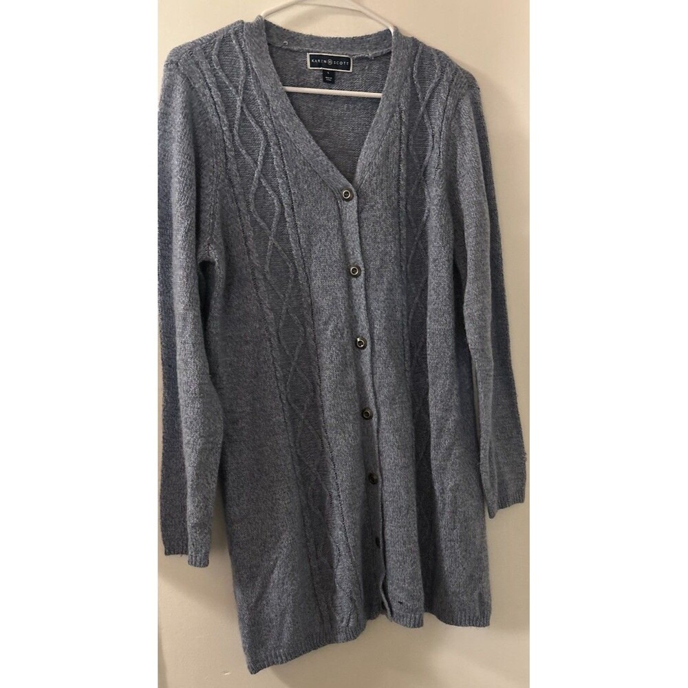 Karen Scott Blue Acrylic Cardigan Sweater. L. Button. Length 33”. Has Small Hole